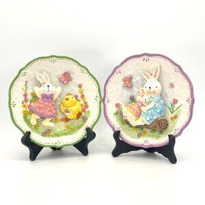 Easter Bunny Rabbits & Chick Ceramic Decorative Plates Set Of 2 Pastel 3D Art